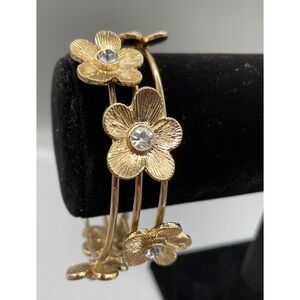 Tasha Gold Tone Rhinestone Flower Bangle Bracelet Set of 3 Floral Stackable